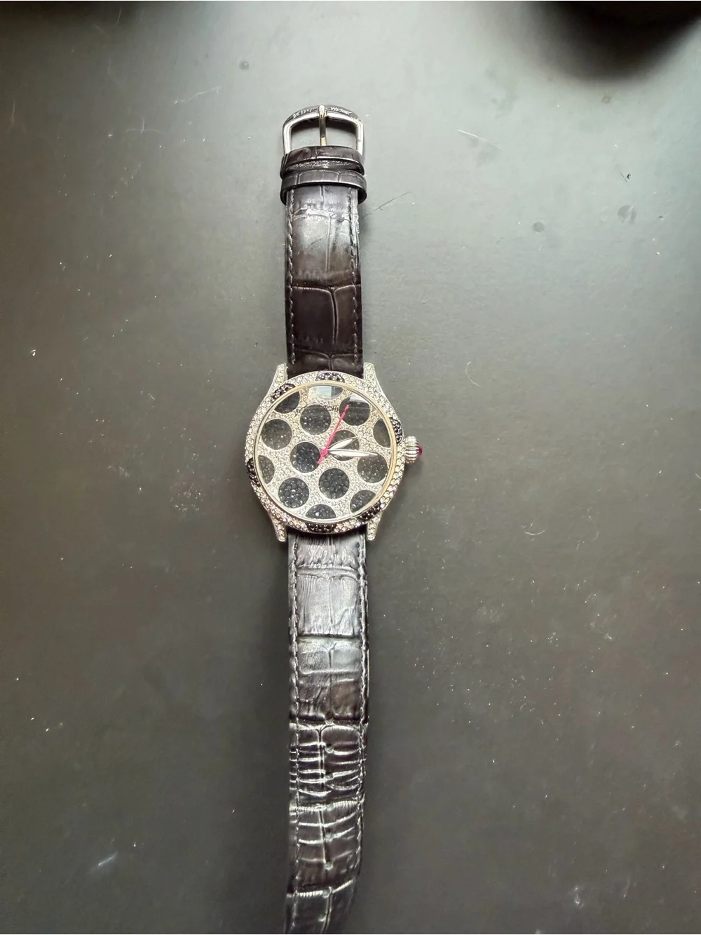 Betsey Johnson Crystal Polka Dot Dial Wristwatch with Black Leather Strap